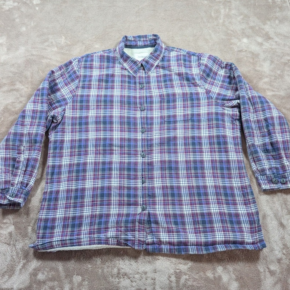 L.L. Bean Shirt Jacket Womens Large Purple Plaid Fleece Lined Flannel 267245